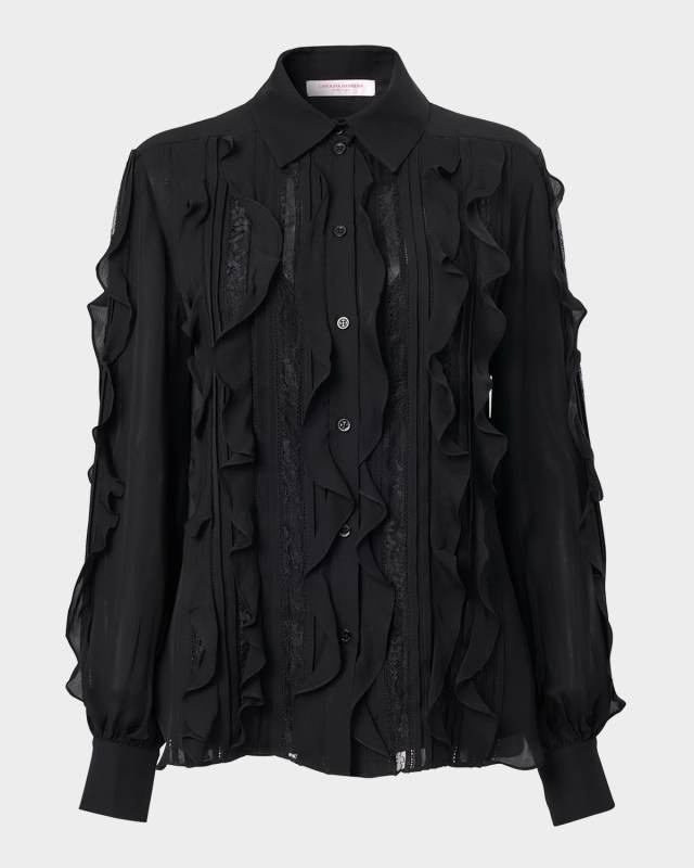 Ruffle Lace-Embroidered Silk Blouse